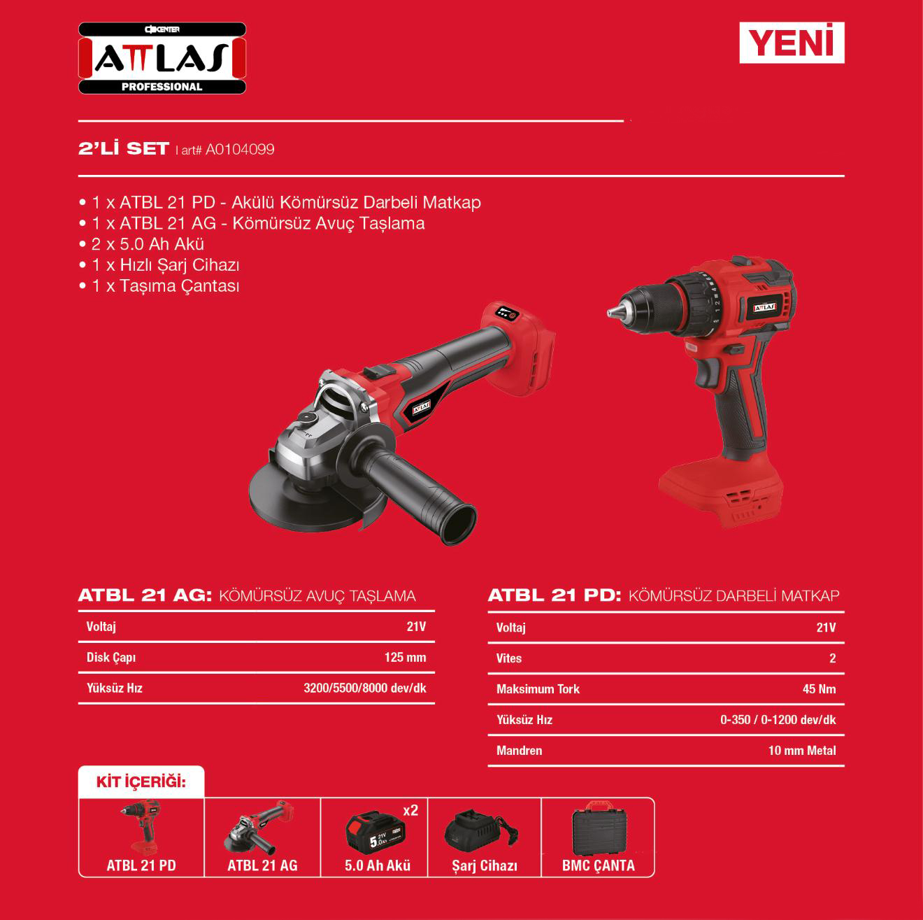 ATTLAS ATBL 21 2LI SET (ATBL 21 AG+ATBL 21 PD+2X5.0Ah+HIZLI SARJ) KÖMÜRSÜZ TASLAMA + DARBELI MATKAP